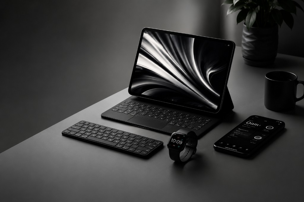iPad、キーボード、Apple Watch、iPhoneが並ぶデスク